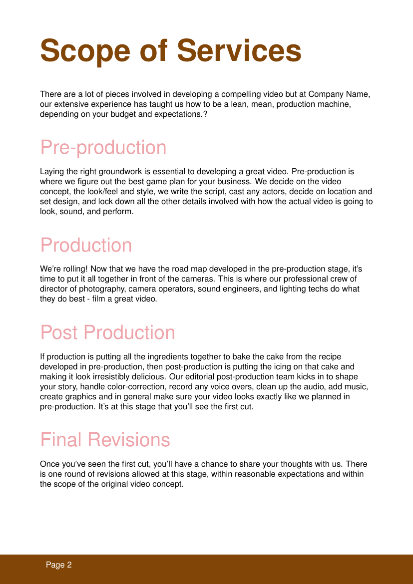 Video Production Pricing Sheet